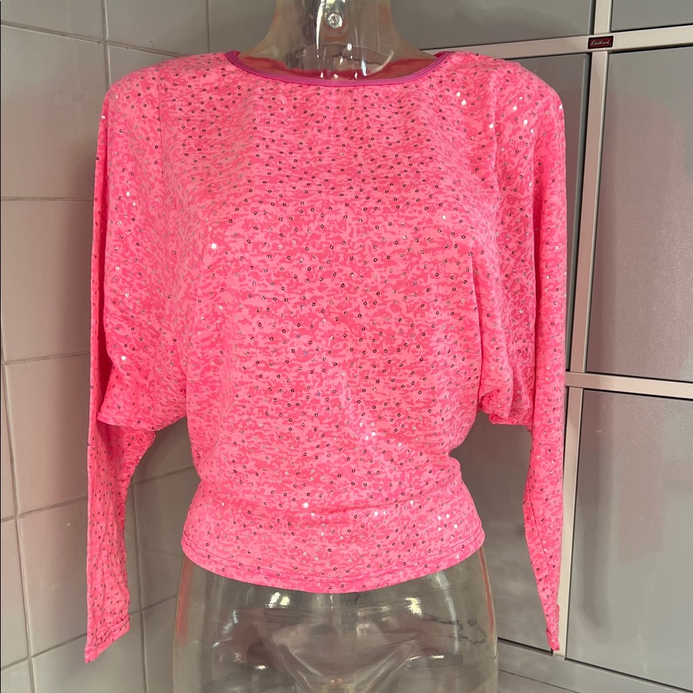 Neon Coral Pink Burnout Batwing Sequin Top S NWOT